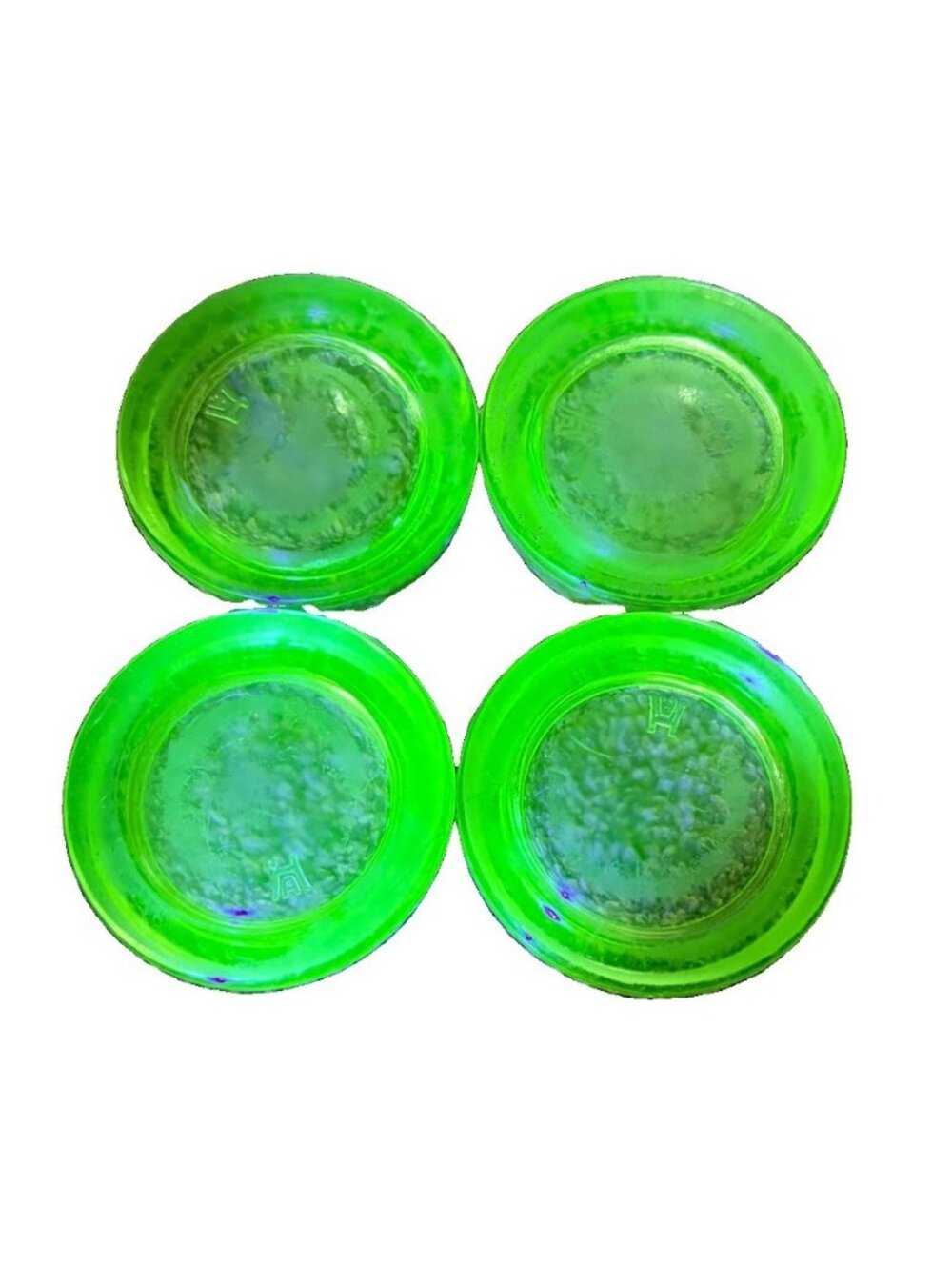 VTG Hazel Atlas Uranium Glass Furniture 4 Caster Cups Coasters (1 Chipped)
